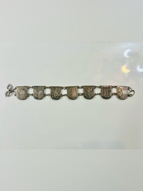 Antique Embossed Heraldic Linked Panel Bracelet  Silver Tone Unique Heirloom EUC